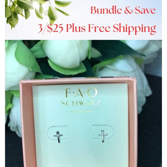 3/$25  NWT FAO Schwarz Sterling Silver Crystal Cross Stud Earrings - Picture 1 of 9